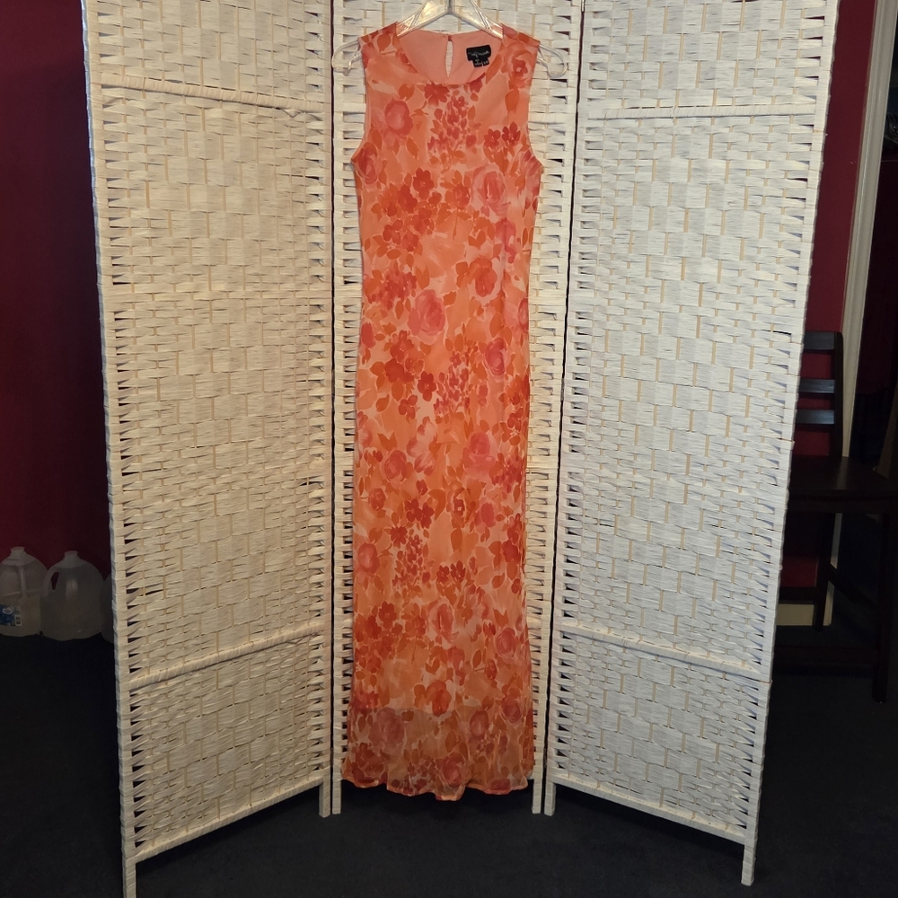 My Michelle Floral Sleeveless Maxi Dress With Sheer Overlay In Warm Peach Tones